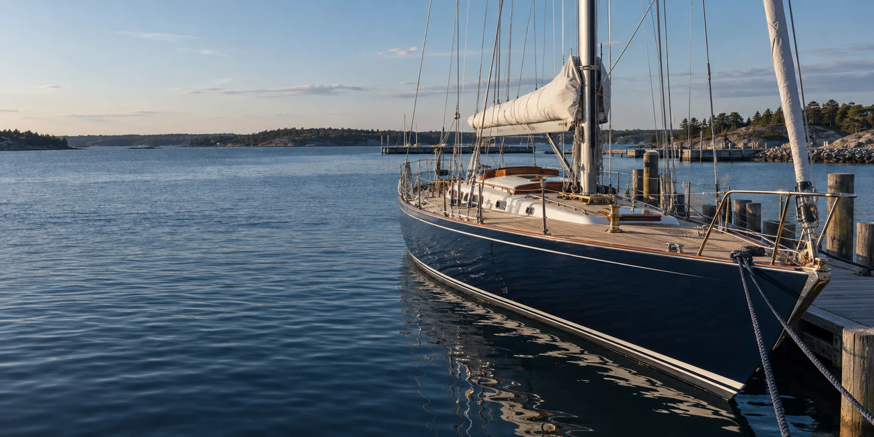 Segelyacht mit marineblauem Rumpf an einem ruhigen nordischen Anleger
