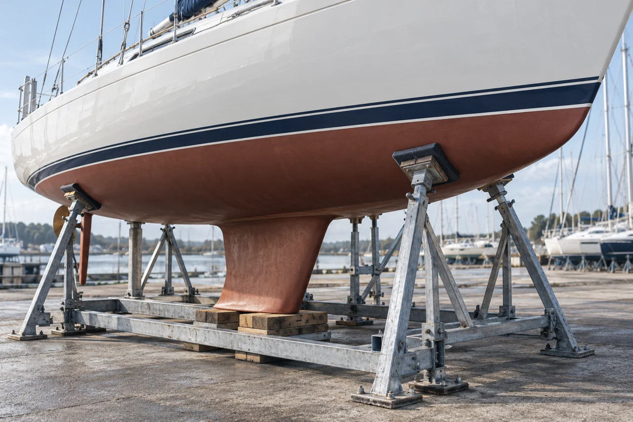 Unterwasserschiff und Kiel einer Segelyacht auf einem Werftbock